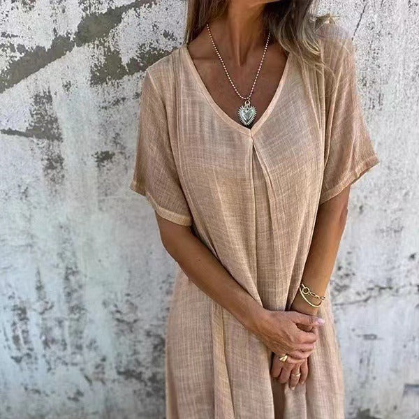 Women Casual Cotton Linen V-Neck Midi Dress