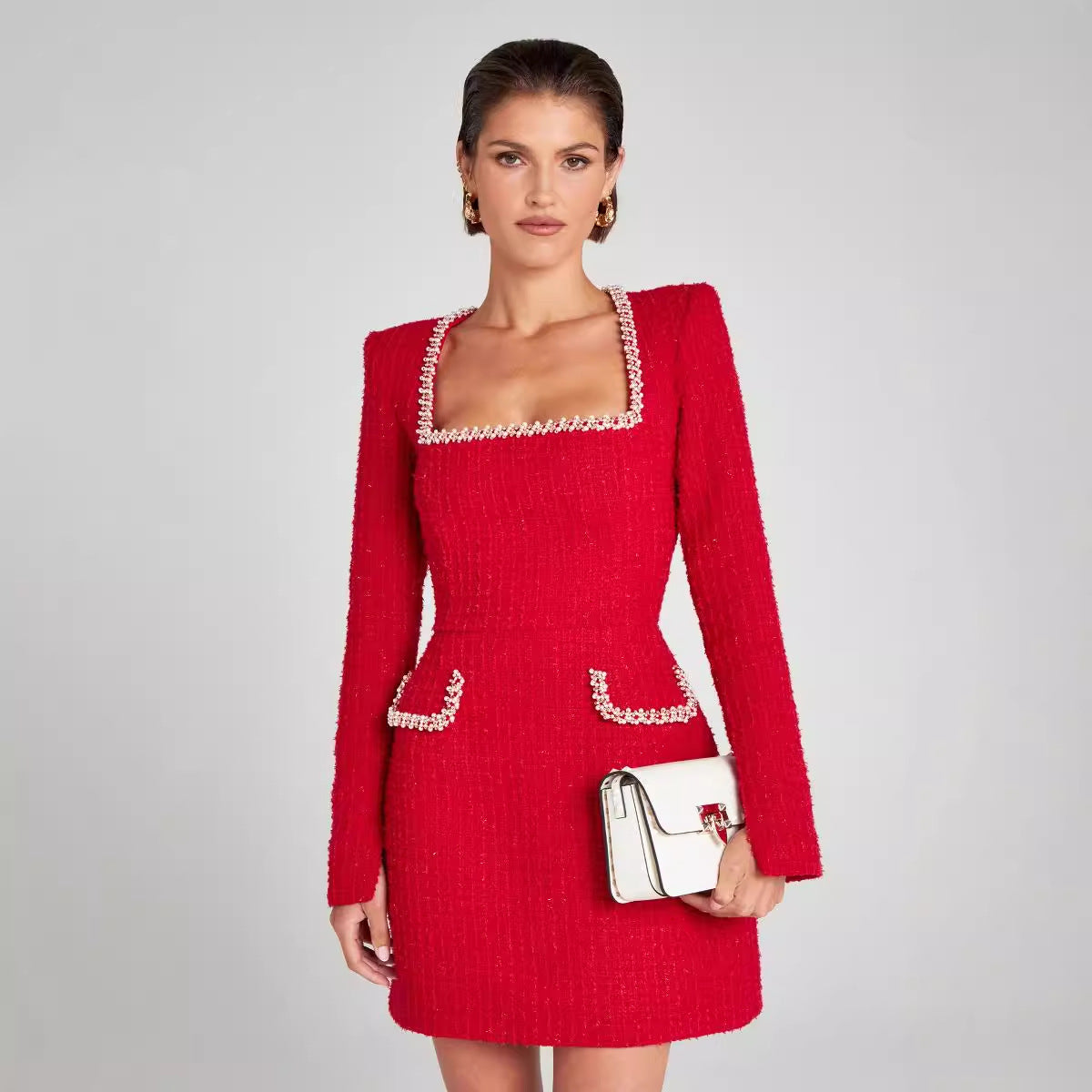 Robe chic à col carré et manches longues et perles pour femme