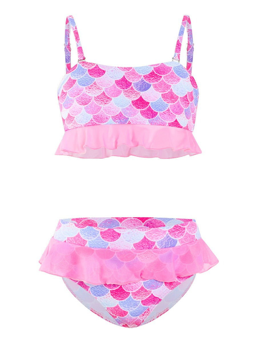 Conjunto de baño de dos piezas con top y pantalones cortos con volantes y estampado de sirena para niña