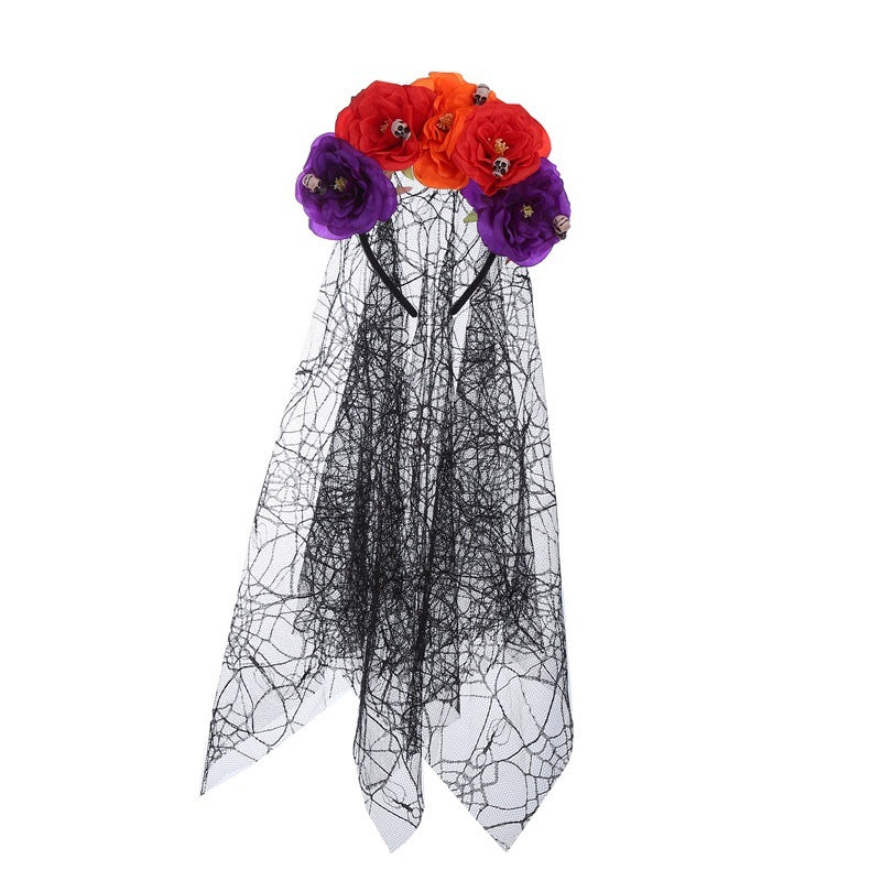 Bandeau en tissu de style gothique avec motif floral et tête de mort, ornement d'Halloween