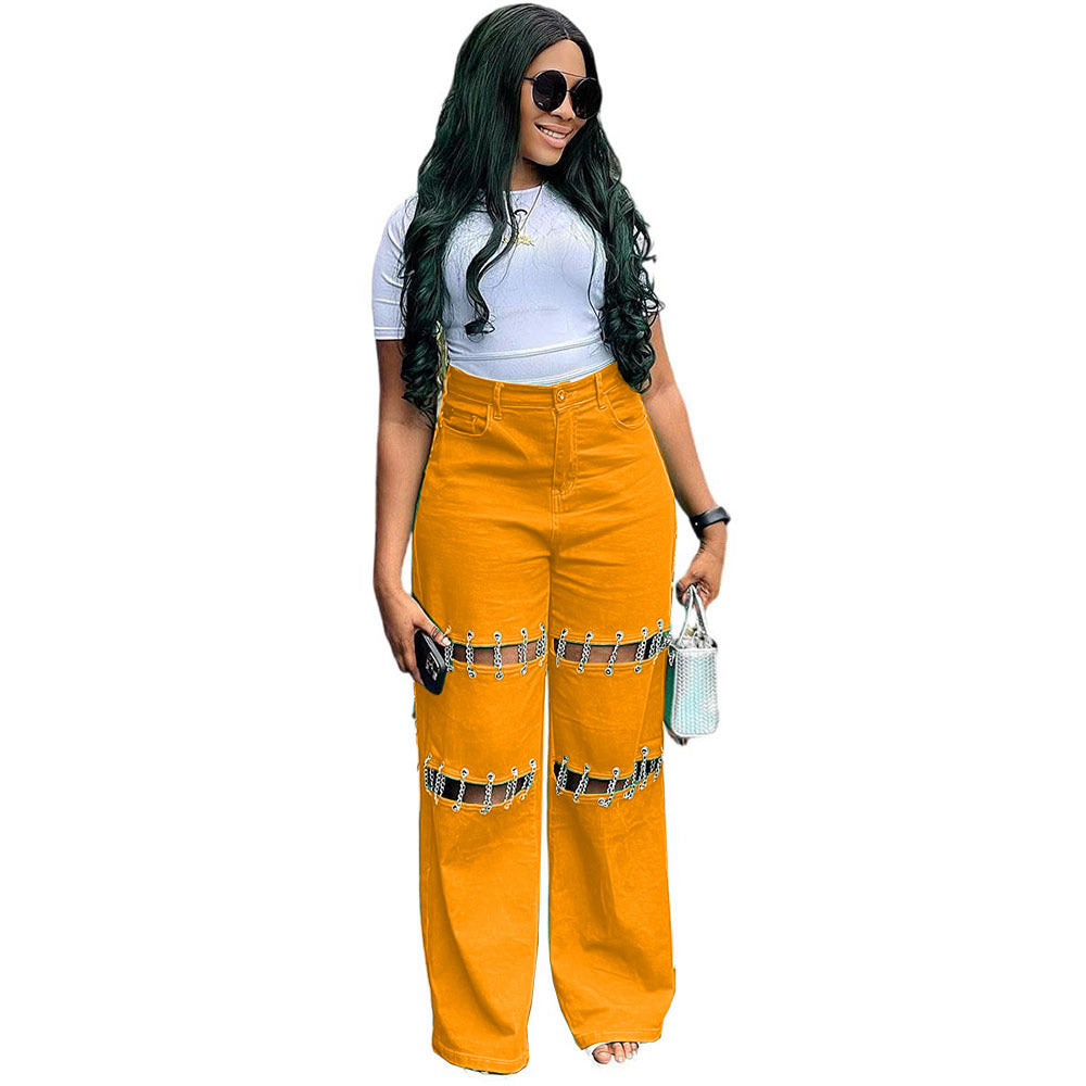 Women Fashion Chain High Waist Jeans