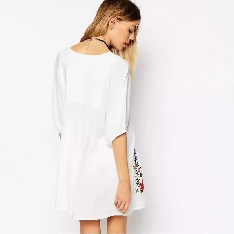 Women Casual Boho Floral Embroidered V-Neck Short-Sleeve Dress