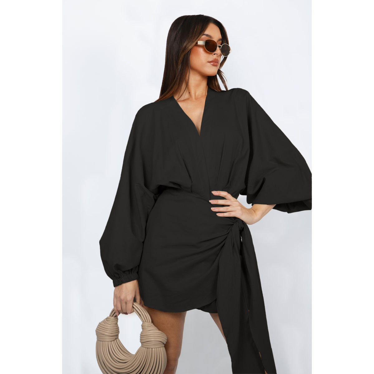 Robe mi-longue en lin à col en V et manches bouffantes pour femme