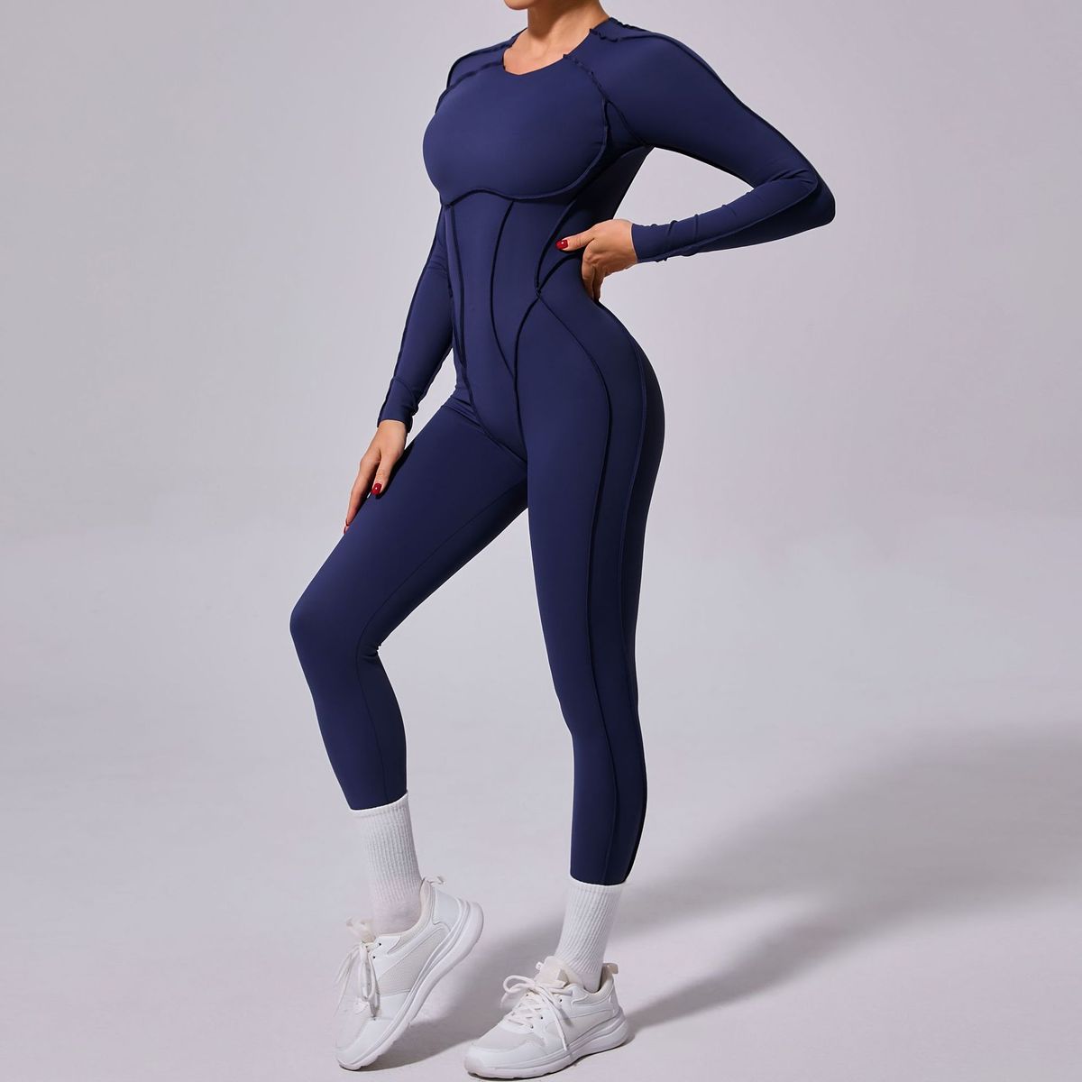 Women Fashion Casual Solid Color Long-Sleeve Jumpsuit