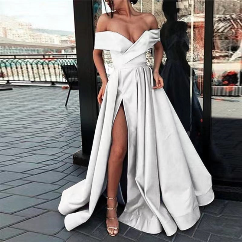 Women Sexy Elegant Satin Deep V-Neck Off Shoulder Party Dress