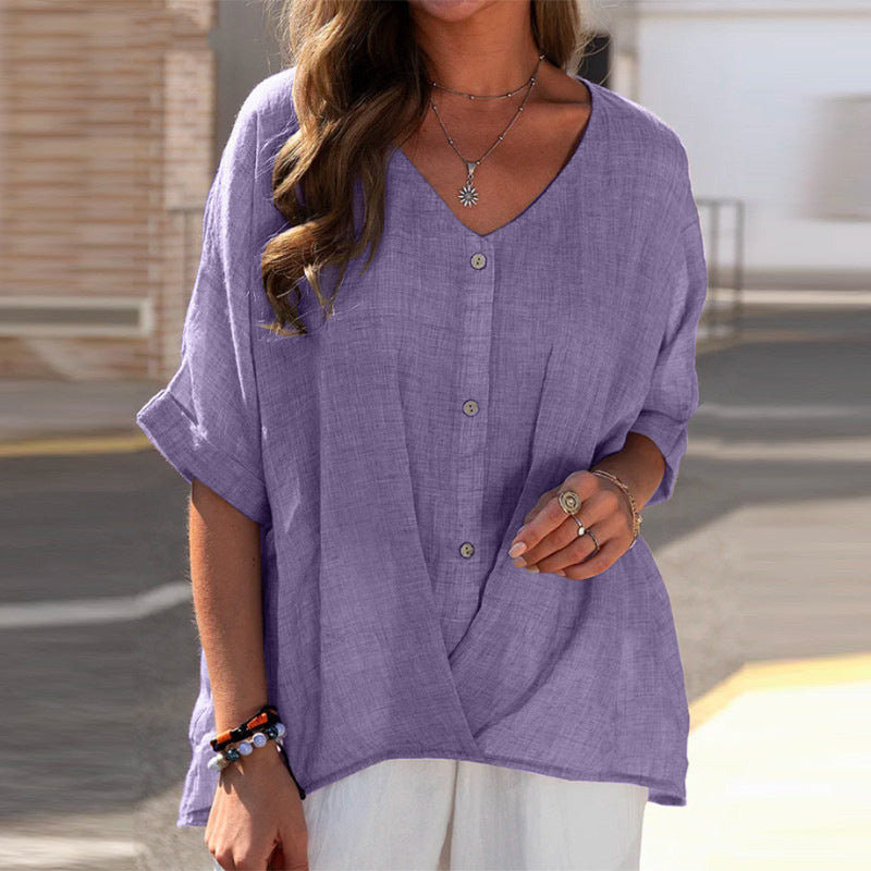 Camisa informal de lino y algodón de moda de verano para mujer