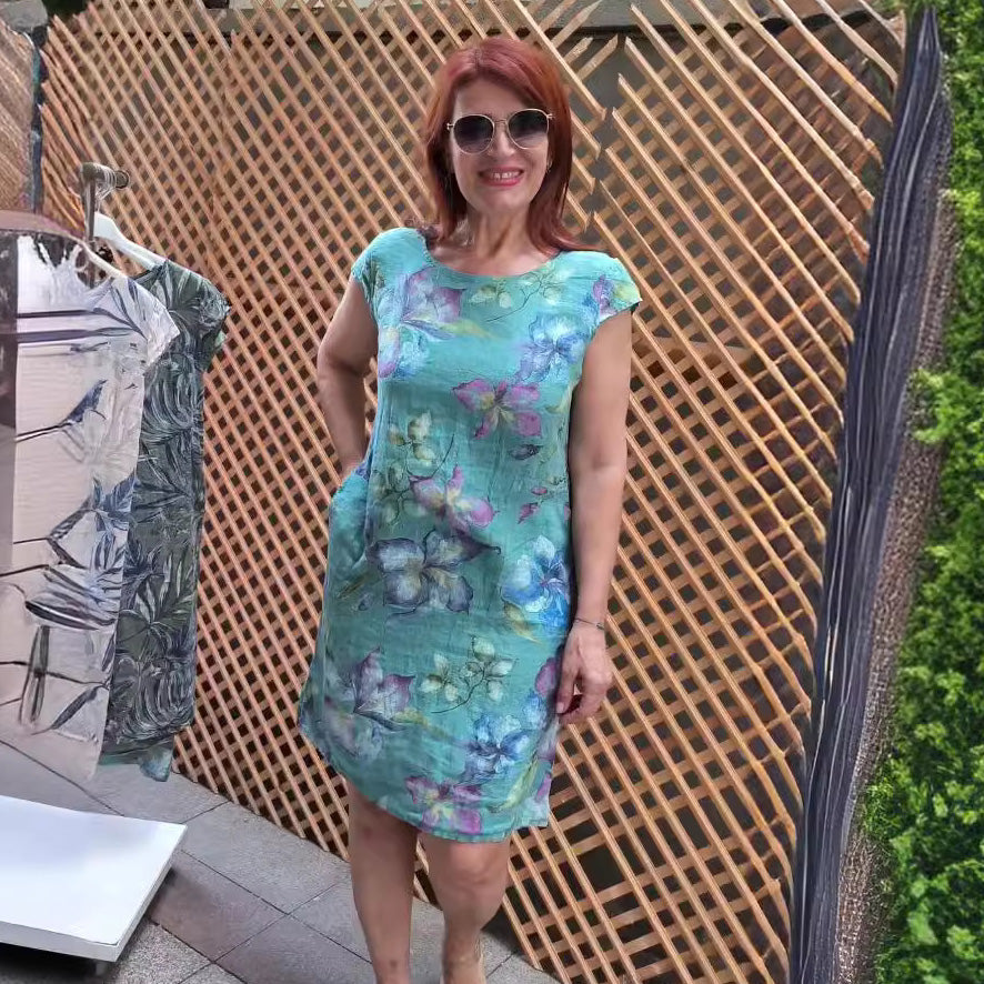 Robe décontractée à manches courtes et col rond pour femme, imprimé floral