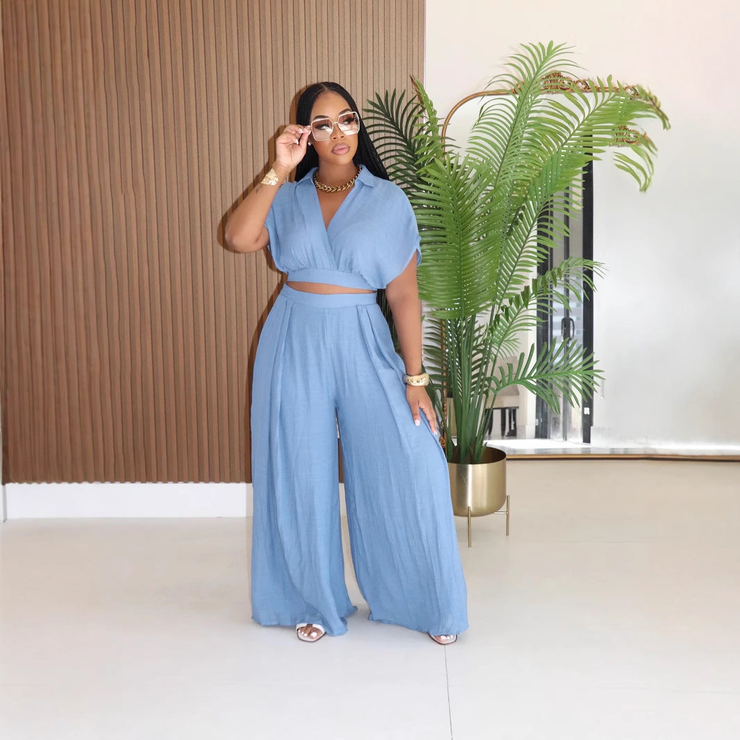 Women Fashion Casual Solid Color Two-Piece Set