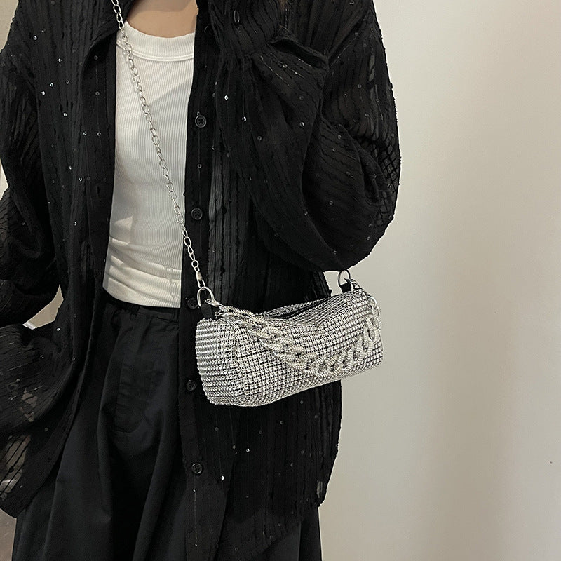 Bolso bandolera con cadena de metal y diamantes de imitación para mujer