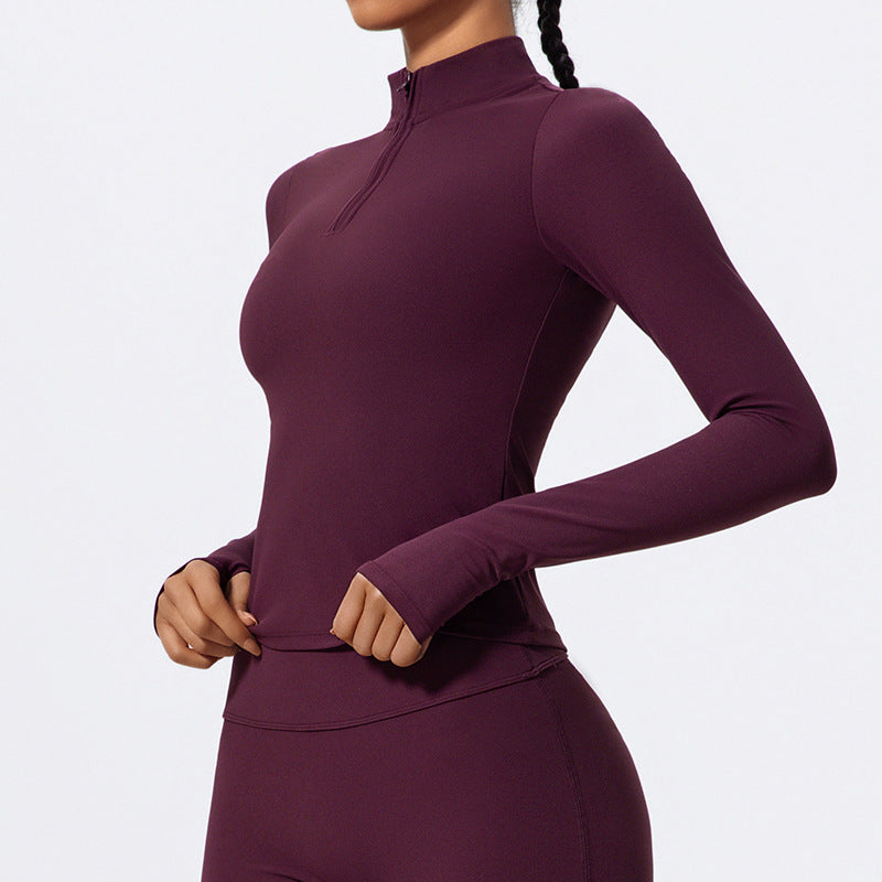 Haut de yoga à manches longues et demi-fermeture éclair pour femme, couleur unie, avec élasthanne