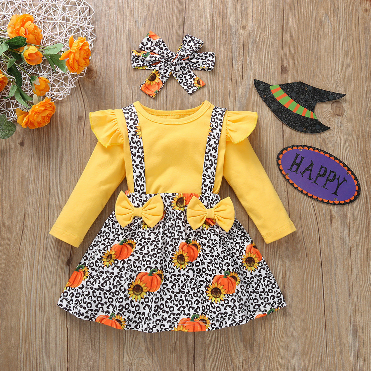 Vestido informal de manga larga con estampado de calabaza para niñas pequeñas