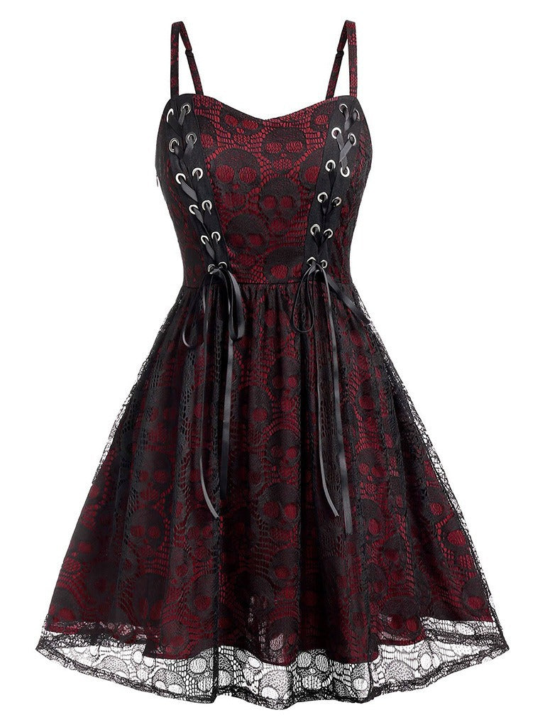 Women Fashion Retro Gothic Lace Splice Skull Dress