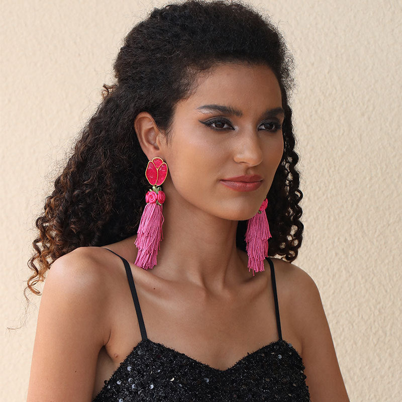 Pendientes florales con borlas bohemias para mujer