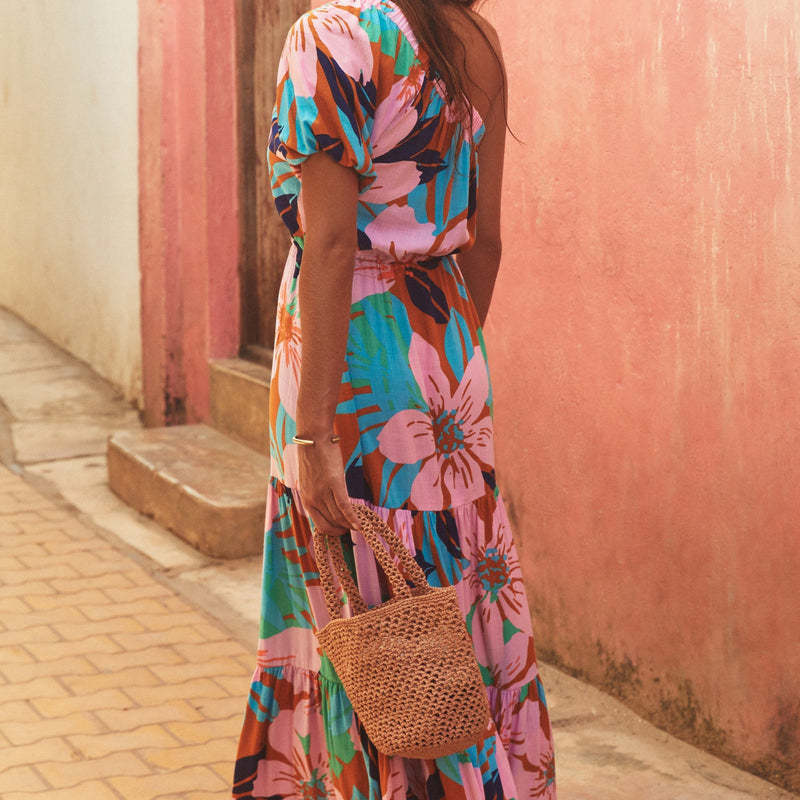 Women's Slant Shoulder Boho Tiny Flower Casual Maxi Dress