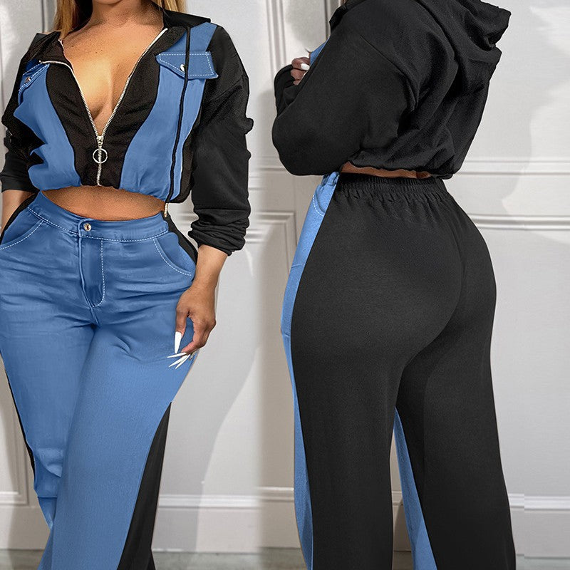 Casual Women Zipper Denim Stitching Two-Piece Set Cotton Blend Stylish