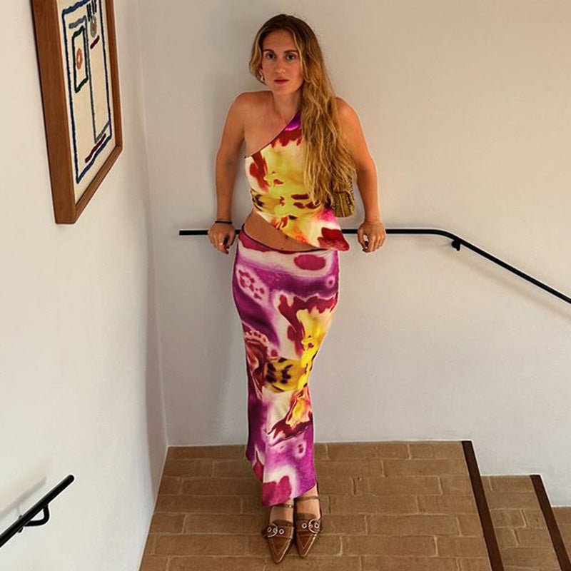 Floral Print Color Contrast Long Skirt