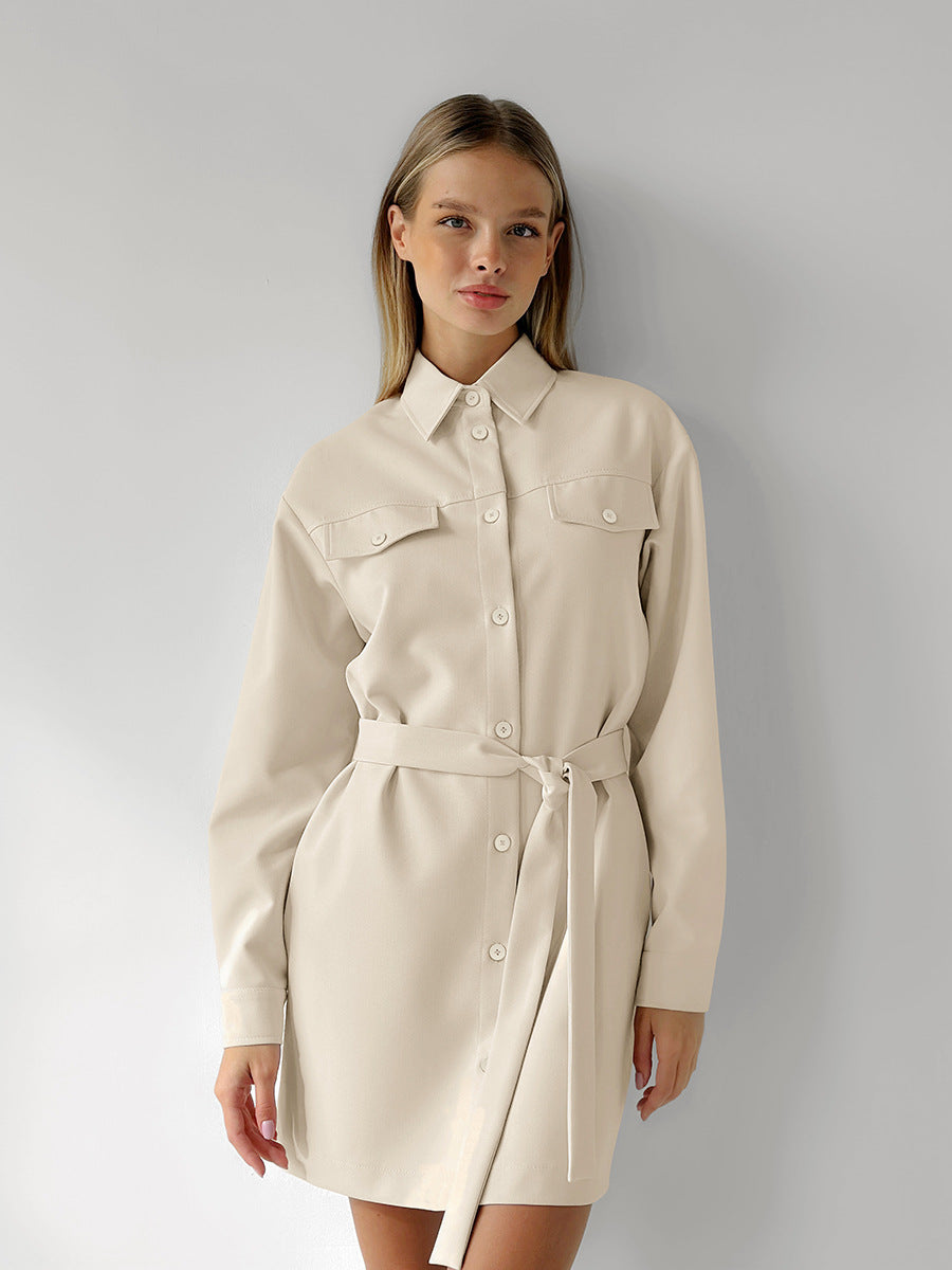 Women Solid Color Lapel Long Sleeve Dress Blended Fabric