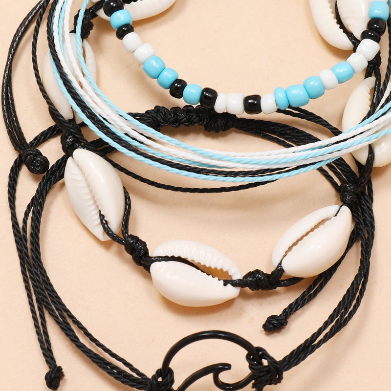 Conjunto de tobilleras multicapa con cuentas de concha y ondas bohemias