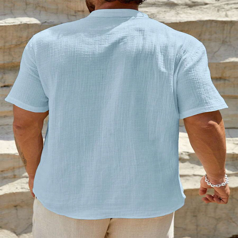 Chemise à manches courtes et col en V pour homme, couleur unie, style loisirs et vacances