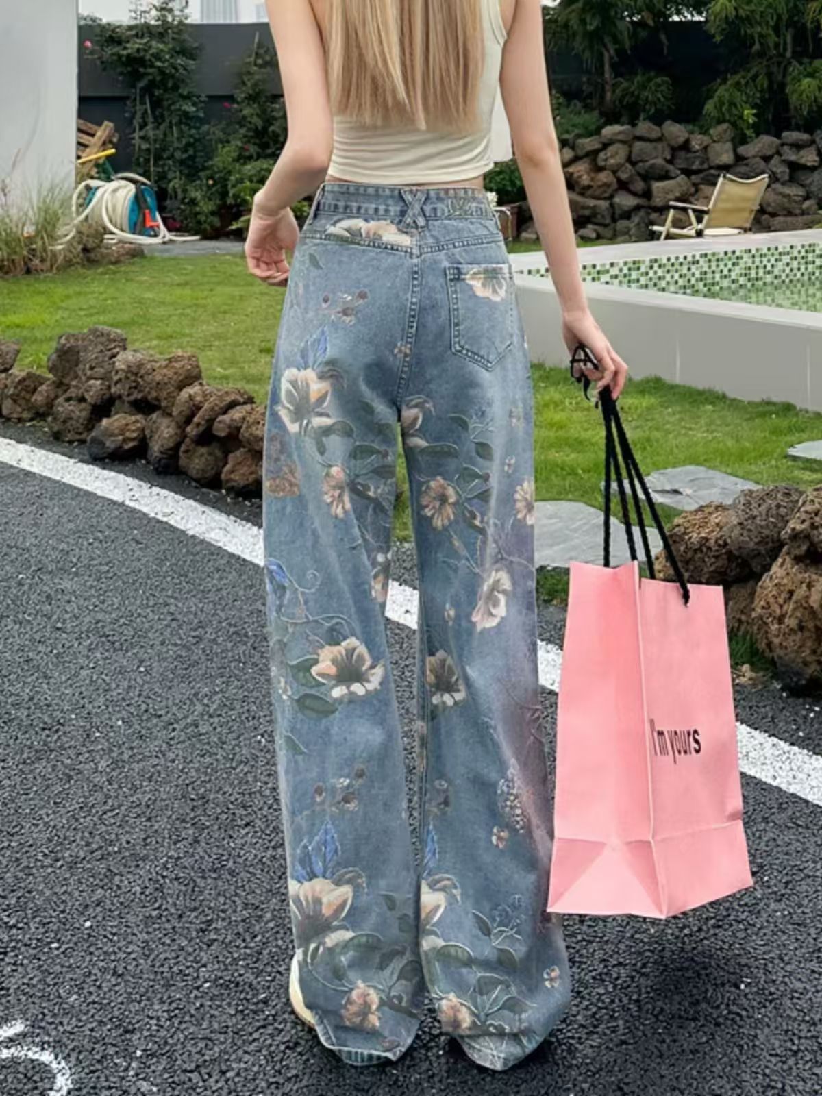 Women Retro Casual Floral Printed High Waist Wide Leg Jeans
