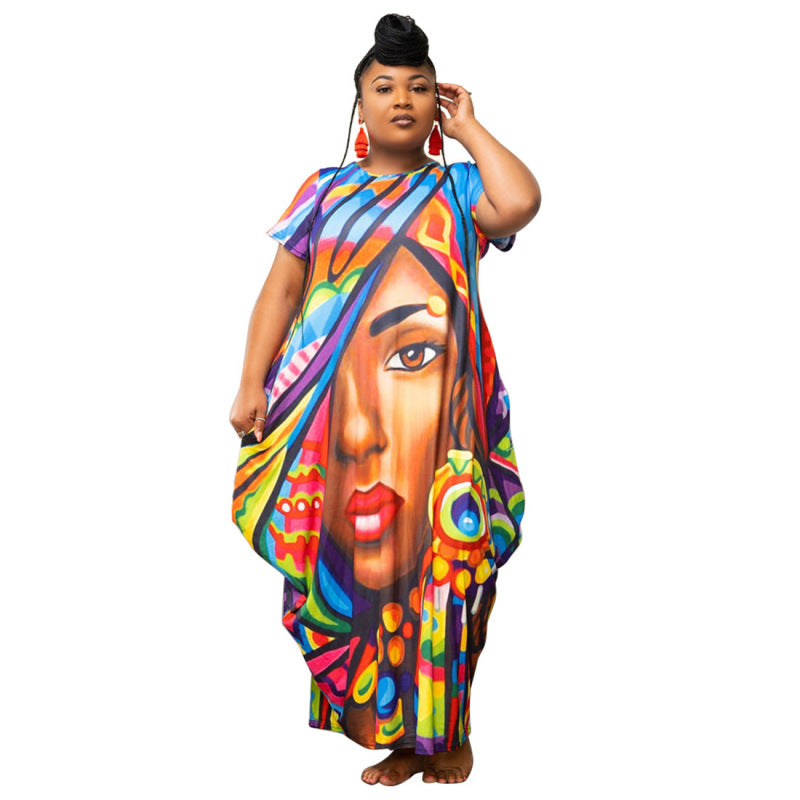 Robe longue décontractée à manches courtes et imprimé graphique style bohème pour femmes, grande taille