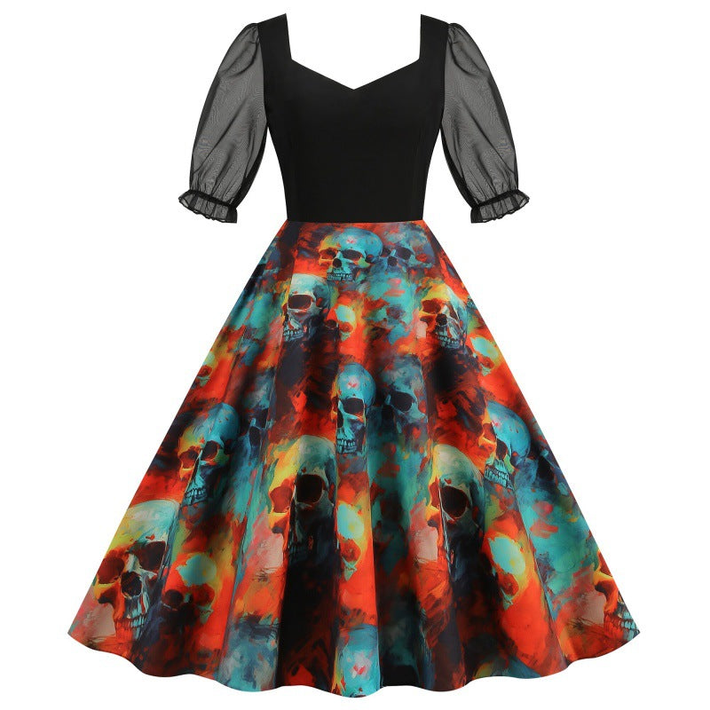 Halloween Party Mesh Sleeve Vintage Printed Dress