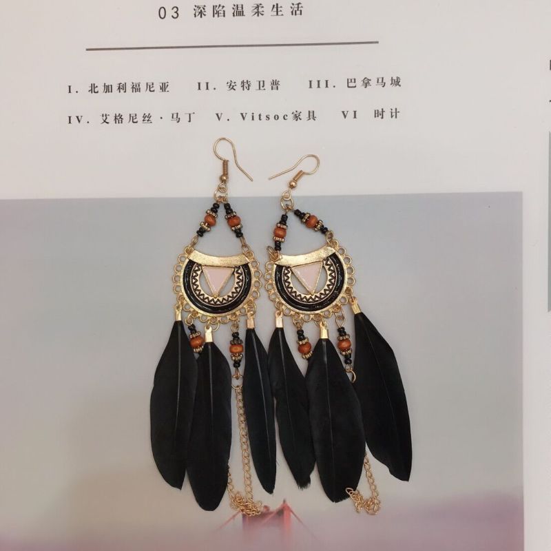 Women Bohemian Hollow Beads Feather Alloy Earrings