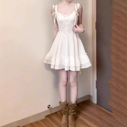 Women Elegant Lace Stitching Sleeveless Dress with V-Neck