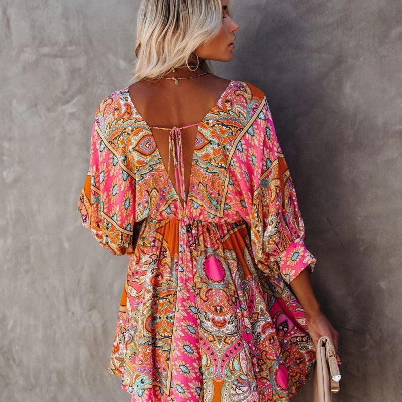Vestido mini elegante con escote en V y estampado floral estilo bohemio vintage para mujer