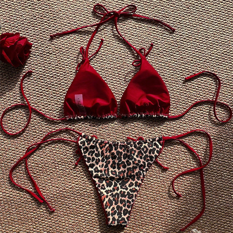 Maillot de bain bikini à lacets et blocs de couleurs léopard sexy pour femmes