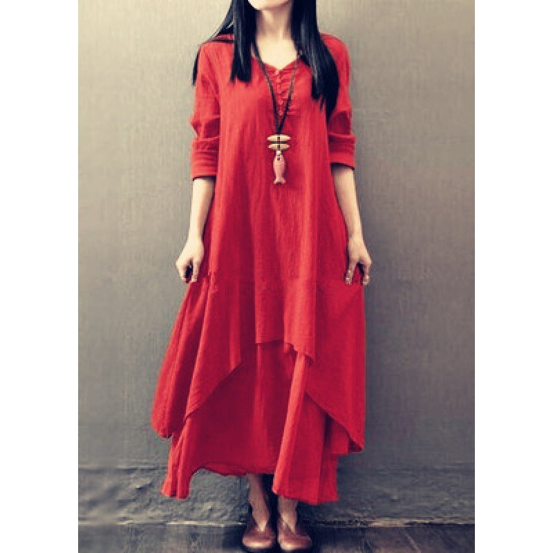 Vestido de lino de color liso literario de moda para mujer