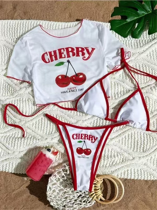 Women Casual Cherry Print Slim-Fit Three-Piece Swimwear Set