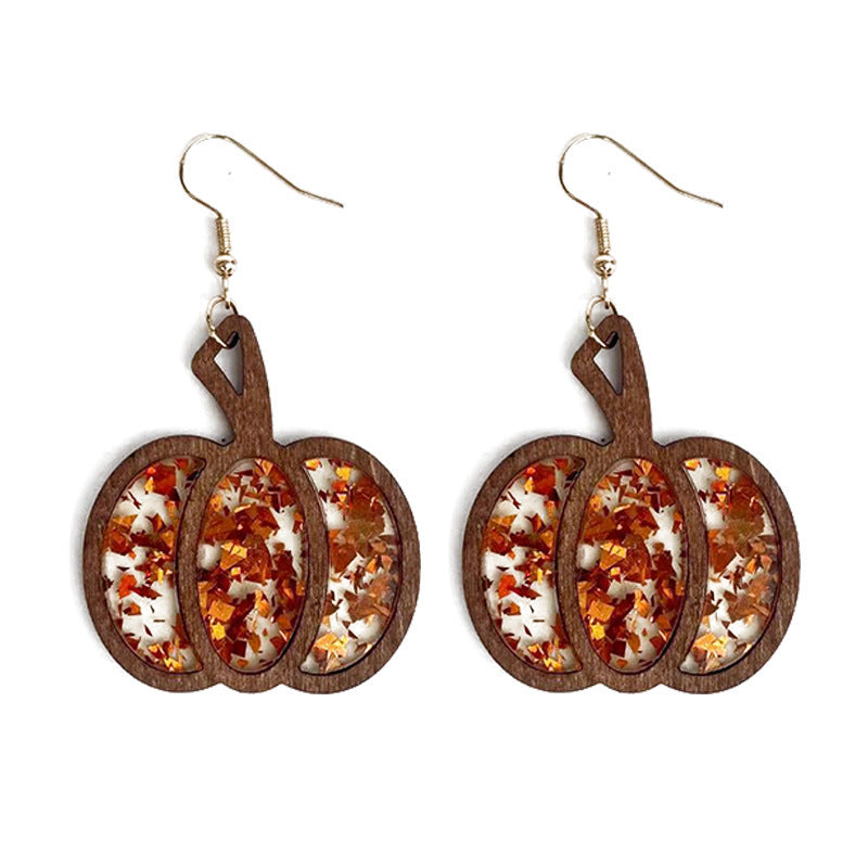 Pendientes de madera con forma de calabaza y purpurina para Halloween para mujer