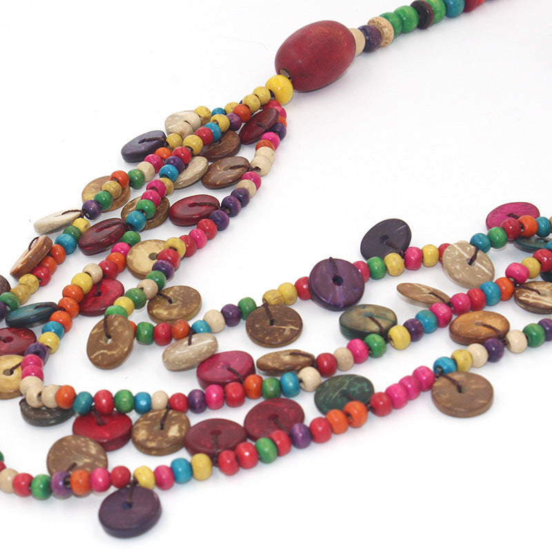 Collar de cuentas de madera multicapa estilo playa bohemia