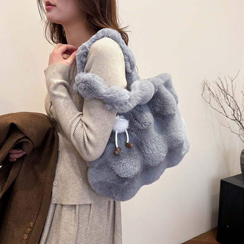 Women Fashion Casual Solid Color Plush Tote Bag