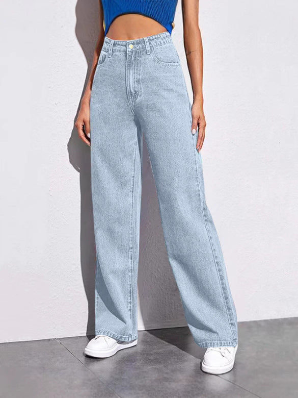 Women Fashion Casual Solid Color High Waist Jeans