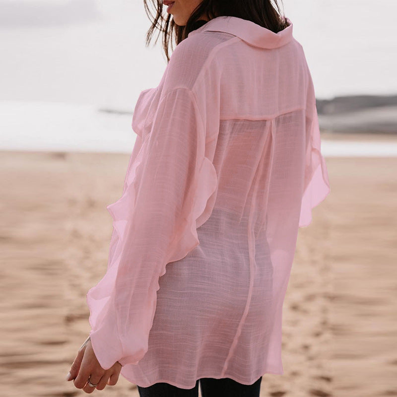 Blusa informal de manga larga con cuello en V para mujer