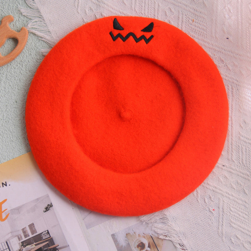 Béret brodé citrouille en laine pour femme, idéal pour Halloween