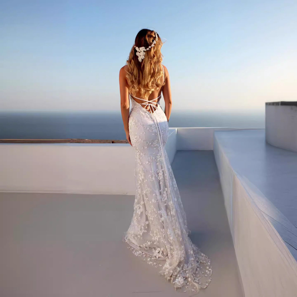 Women Fashion Sexy Solid Color Lace V Neck Backless Dress