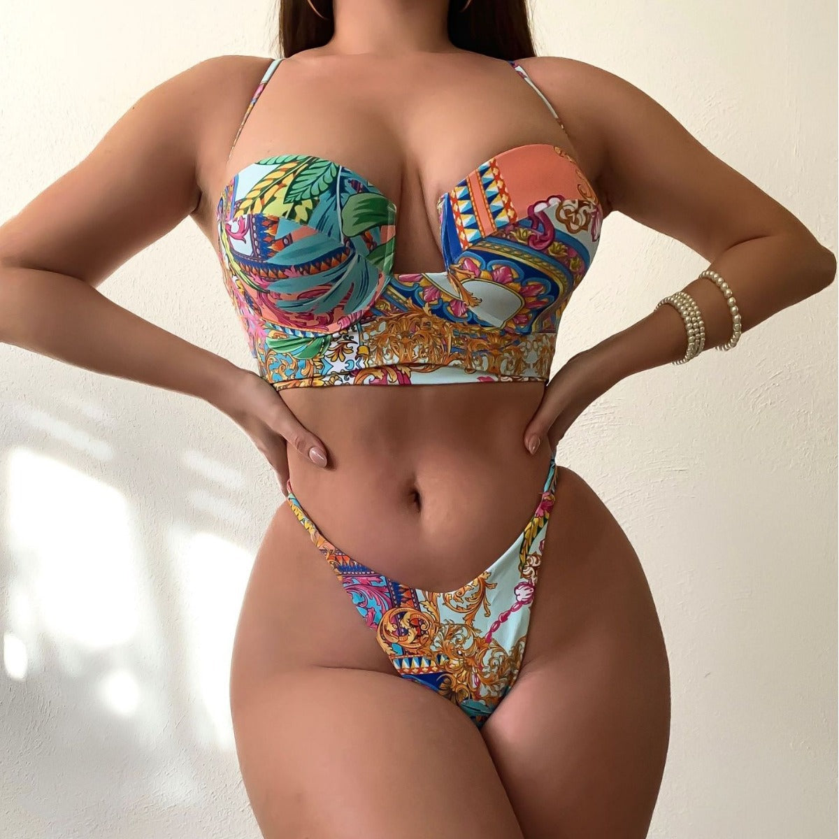 Maillot de bain bikini sexy à lacets et imprimé floral tropical pour femme