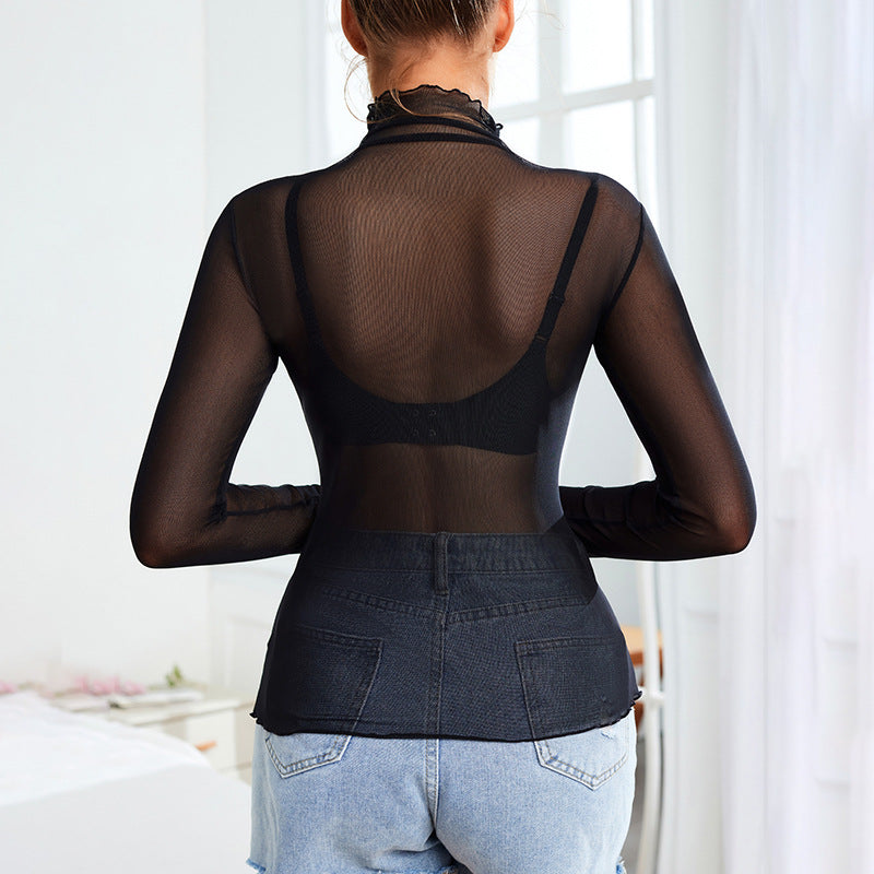 T-shirt à manches longues en maille transparente pour femme, pull élégant