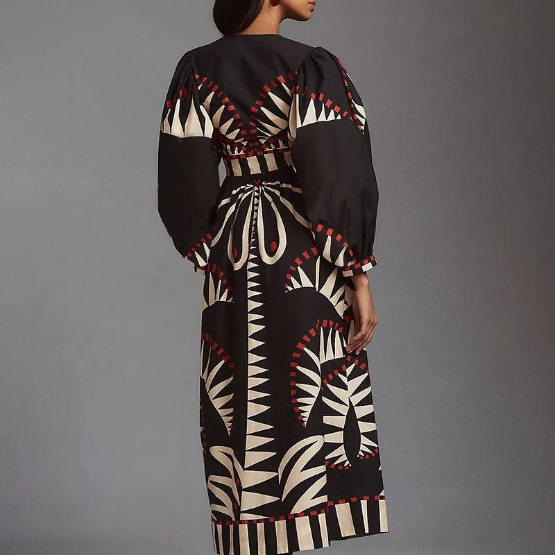 Vestido largo con cuello en V y estampado geométrico retro de talla grande para mujer