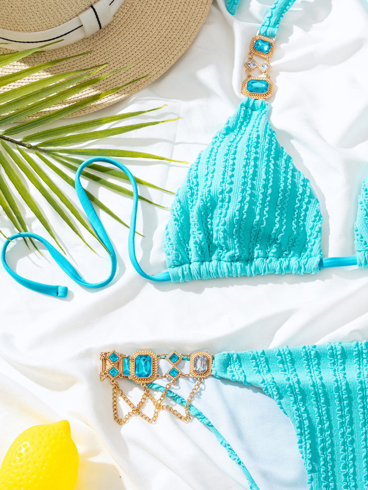 Bikini sexy de color sólido con diamantes de imitación para mujer