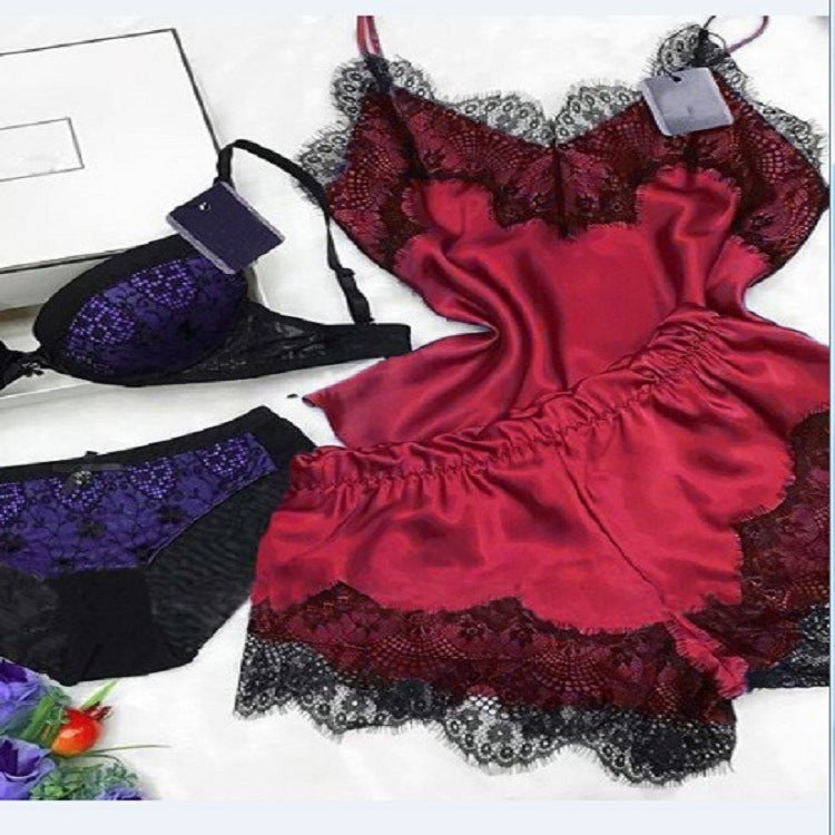 Women Sexy Pajamas Simulation Silk Nightgown Lingerie Sleepwear