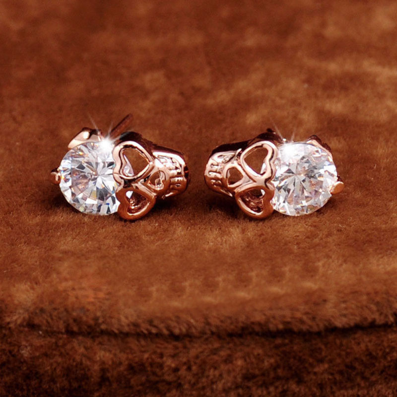 Women Rose Gold Tone Crystal Skull Stud Earrings