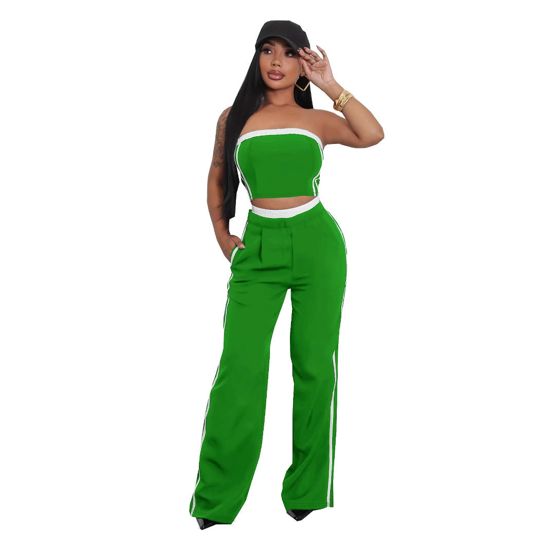 Ensemble haut sans bretelles et pantalon large à coutures contrastées pour femme