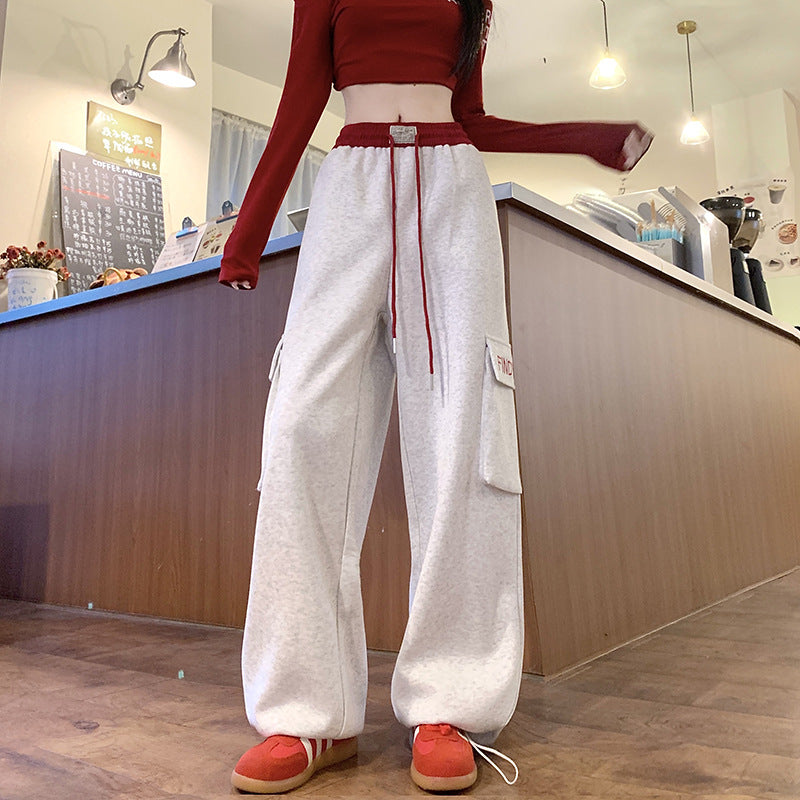 Pantalon large décontracté à poches et cordon de serrage pour femme