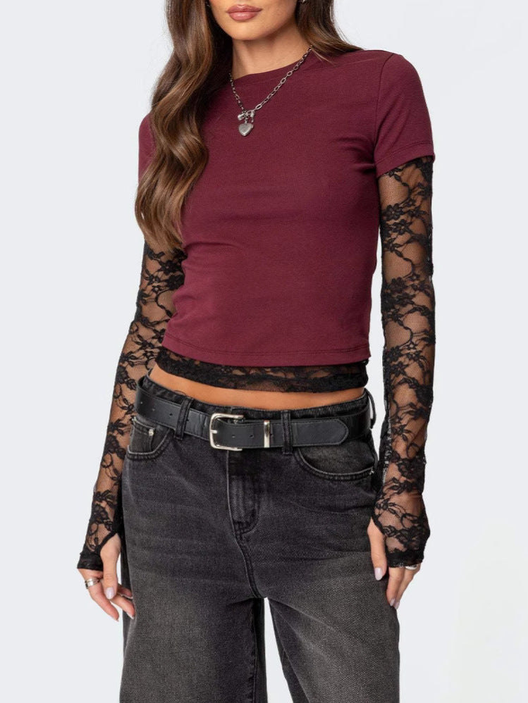 Women Y2k Lace Stitching Long Sleeve T-Shirt