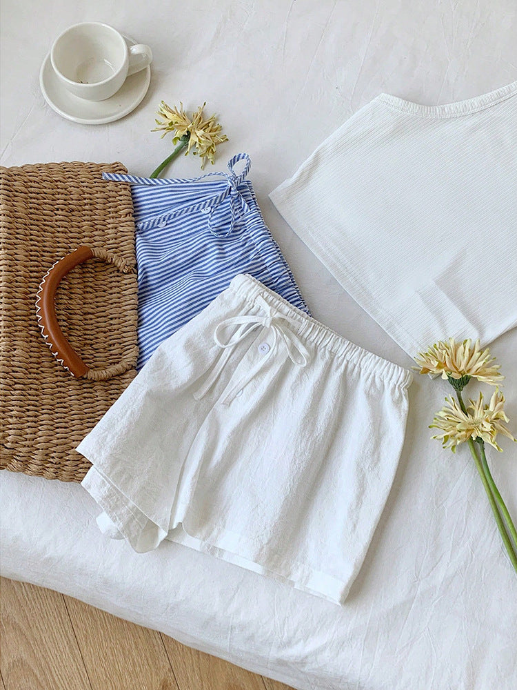 Short d'été décontracté à rayures et cordon de serrage pour femme - Bermuda ample en polyester