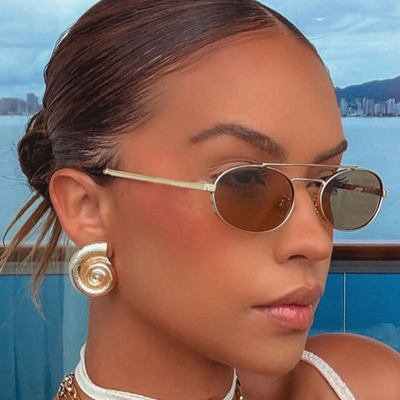 Fashion Personalized Small Frame Metal Double Beam Oval Sunglasses